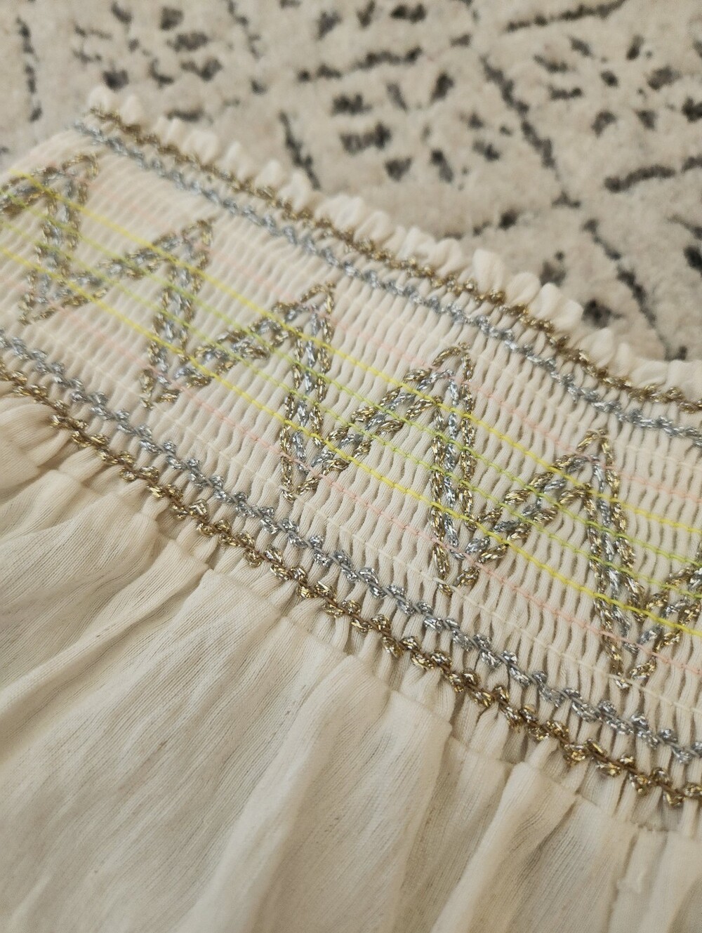 Ivory Boho Wide Leg Palazzo Pants Metallic Embroidered Smocked Waist - Picture 10 of 12